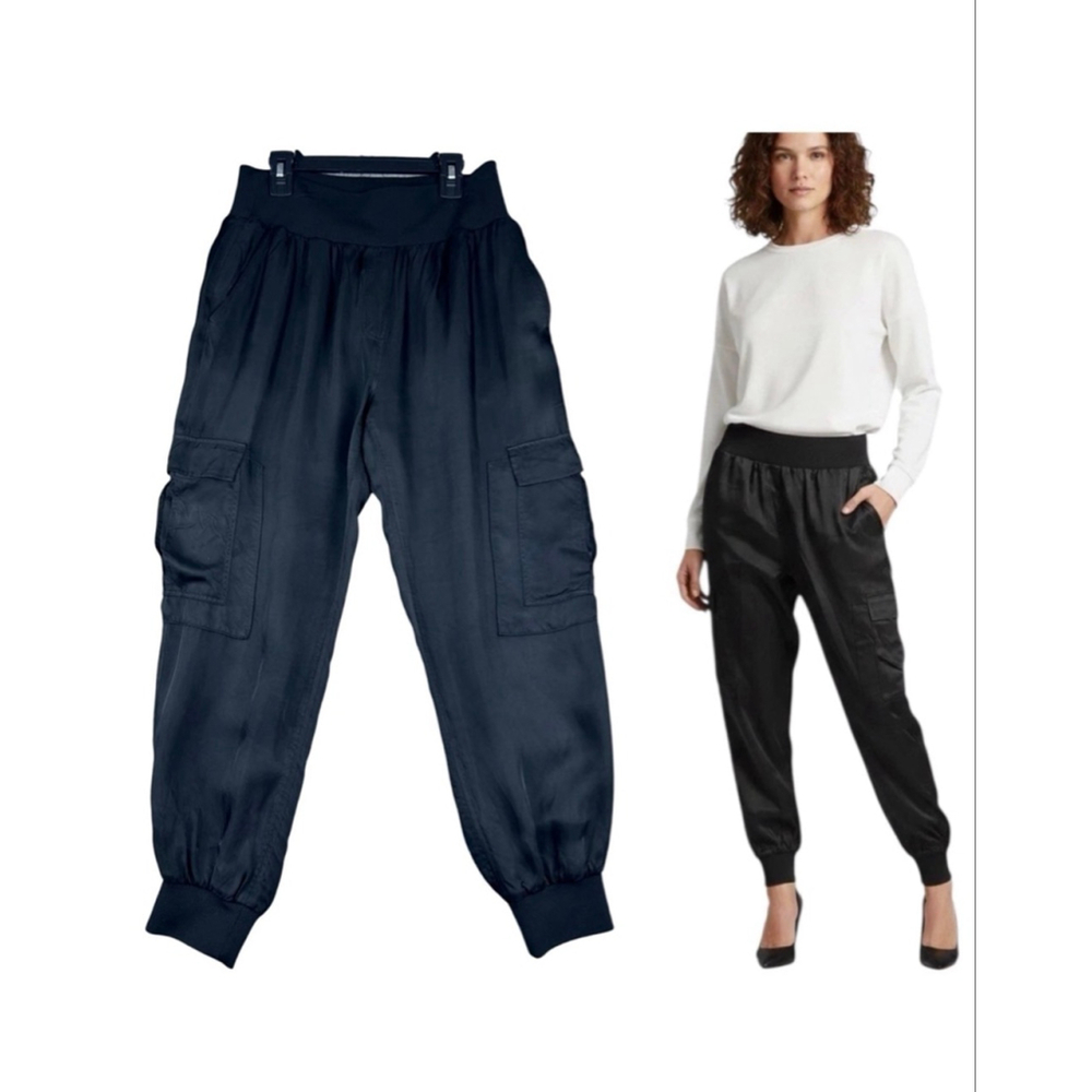 Cinq à Sept Cargo Jogger Pants Black Cupro Stretch Waist Cropped Ankle Women M/L
